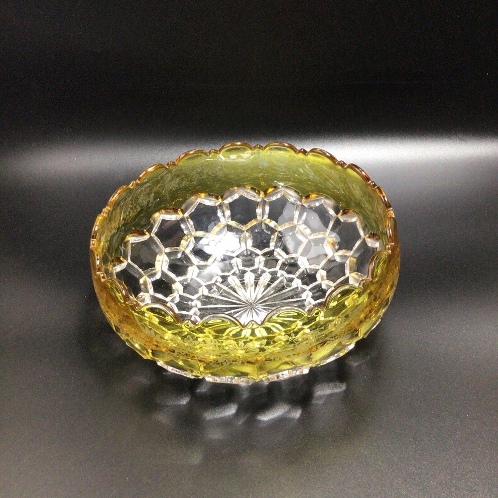 Beautiful Antique EAPG Hobbs Hexagonal Block Bowl- No.335 Clear w/ Amber Engrave